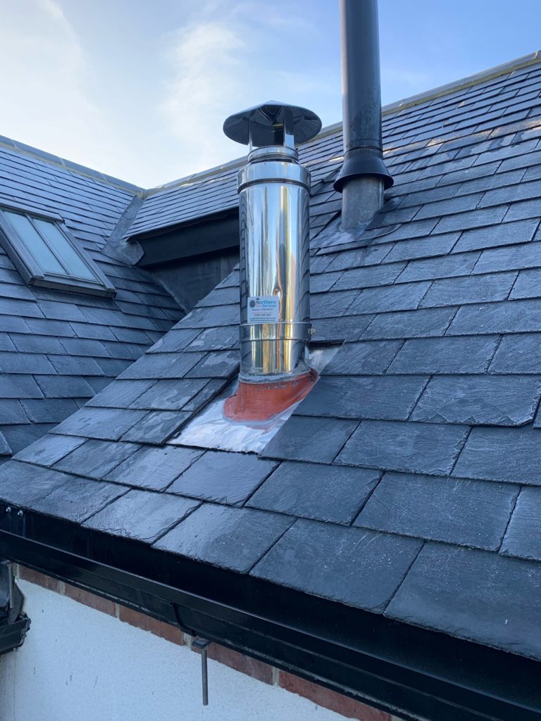 Repair to exterior ductwork and replacement of stainless steel flue.
