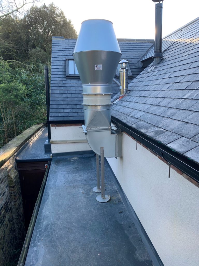 Repair to exterior ductwork of extraction system. Replacement high velocity cowl.